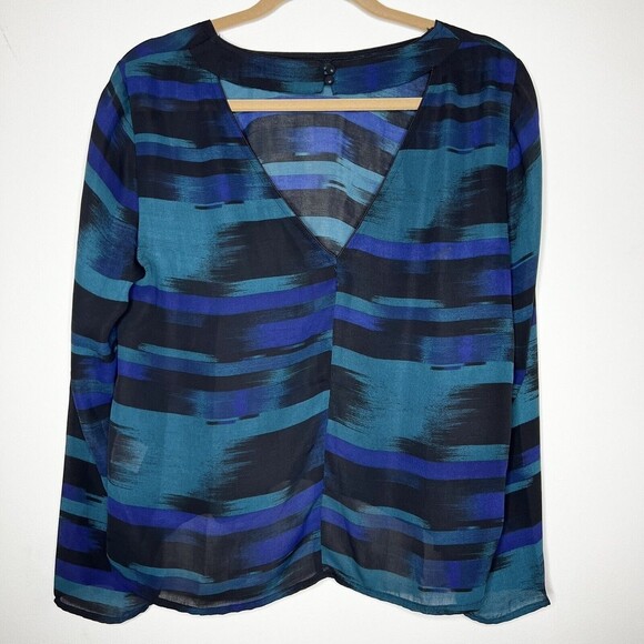 FRNCH Womens Top Semi-Sheer Blue Teal Black Sz L - Picture 4 of 10